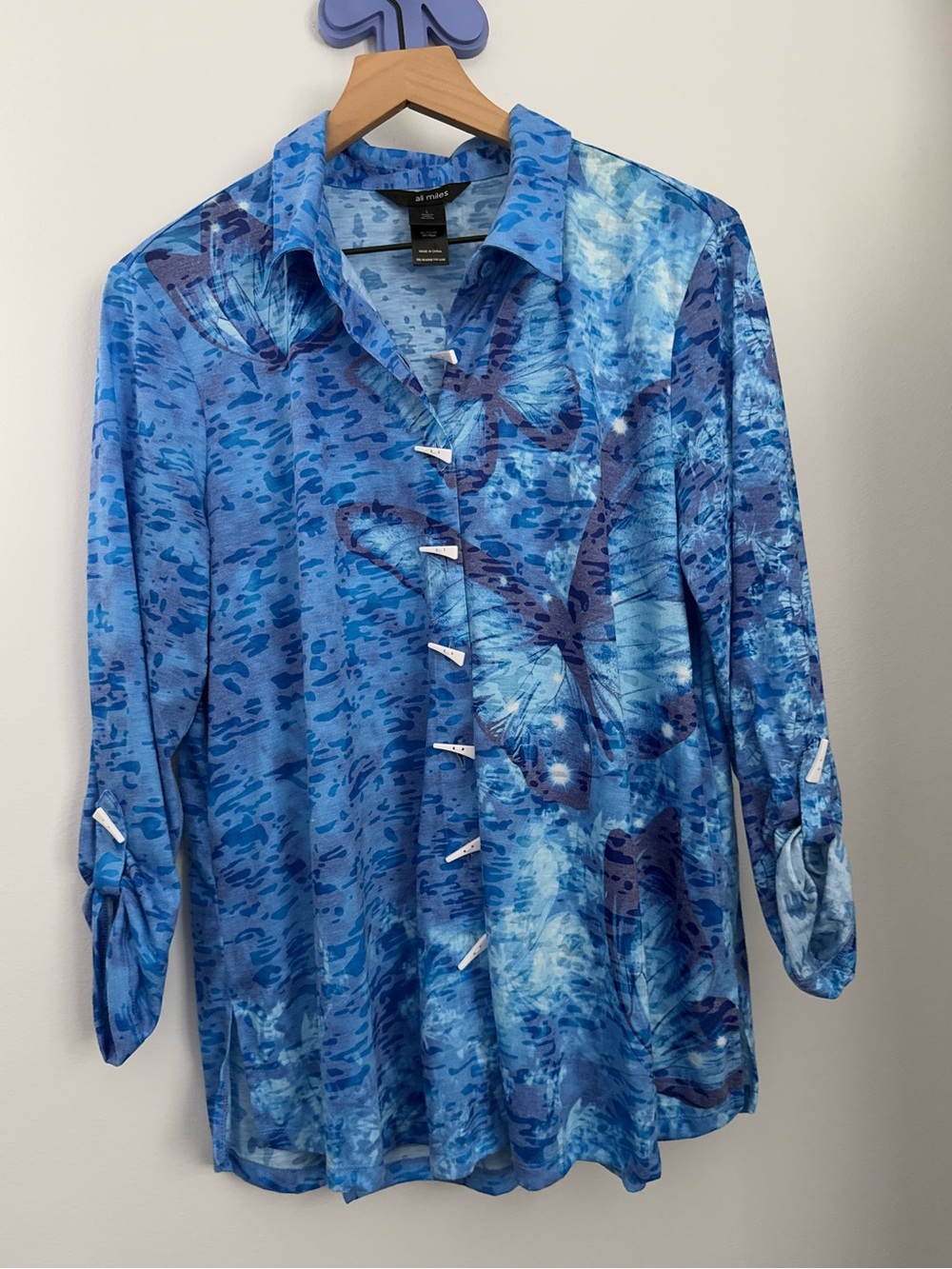 Ali Miles Large Butterfly Button Up Shirt Long Sleeve Blue Fairy Relax Office